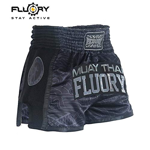 Foto von FLUORY Muay Thai Shorts, reißfeste Box-Shorts, MMA Fight Kick Kleidung für Männer Frauen Kinder Kampfsport Training Grappling-Schwarz-mtsf69-M