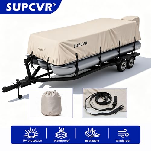 Image of Heavy Duty Pontoon Boat Cover with 1400D Marine Grade Fabric 21'-24'