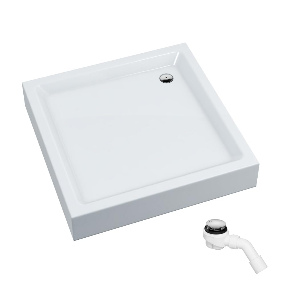 Aquabad Duschwanne NORMA, Maße 90x90cm Quadrat für Duschecke, Duschnische, 3x integrierte Standvorrichtung, Domoplex Siphon, Weißes Sanitäracryl