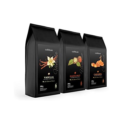 Caffeluxe Flavoured Ground Coffee Mixed Medley - Natural Vanilla, Natural Caramel & Natural Hazelnut (250g Per Bag) Cover