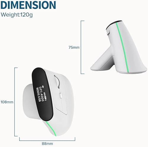 Miniatura 5 de DeLUX Mouse ergonómico Bluetooth, mouse vertical inalámbrico con pantalla OLED, receptor USB y BT5.0, 4000 DPI, 6 botones, ratones de túnel carpiano