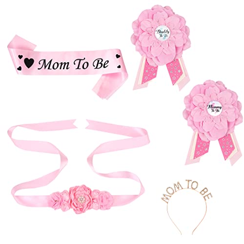 DIYBravo 5 PCS Baby Shower Mommy Daddy to be Pin Maternity Sash Corsage Set Pink Pregnancy Keepsake Flower Belly Belt Gender Reveal Baby Shower Party Favors New Parents Gifts (Pink)