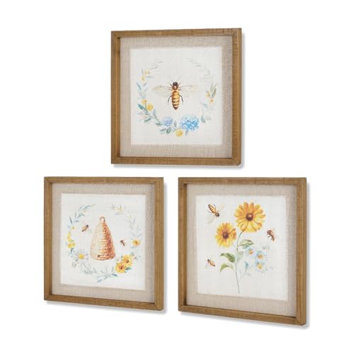 NIKKY HOME Vintage Bee Flower Canvas Wall Art Decor Set of 3, Rustic Wooden Framed Floral Pictures Poster Prints Artwork for Bathroom Bedroom Kitchen Living Room Office, 12 x 12 Inch