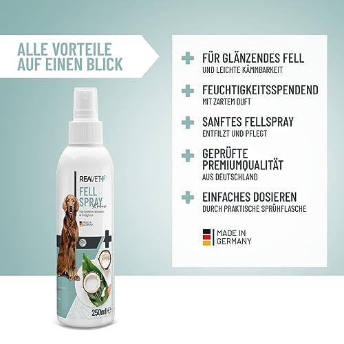 ReaVET Fellpflege Pflegespray Kokos 250ml - Sanftes Fellspray für Hunde & Katzen, Entfilzungsspray & Kämmhilfe, mit Kokosspray mit Kokosöl