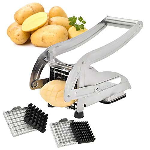 Lvhecforhm Kartoffelabzieher aus Edelstahl für Haushalt, Pommesschneider aus Edelstahl, Rutschfester Vakuumsaugfuß, Gemüseschneider mit 2 Messereinsätzen, Silber Schneidemaschine für Küchenutensilien Cover