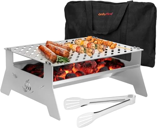 Onlyfire Tischgrill,mobiler Holzkohle-Grill, Grill-Grillrostsystem aus Edelstahl mit Tragetasche und Zange für Outdoor Garten Camping Party Beach Barbecue