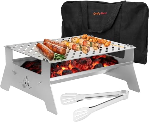 onlyfire Tischgrill,mobiler Holzkohle-Grill, Grill-Grillrostsystem aus Edelstahl mit Tragetasche und Zange für Outdoor Garten Camping Party Beach Barbecue