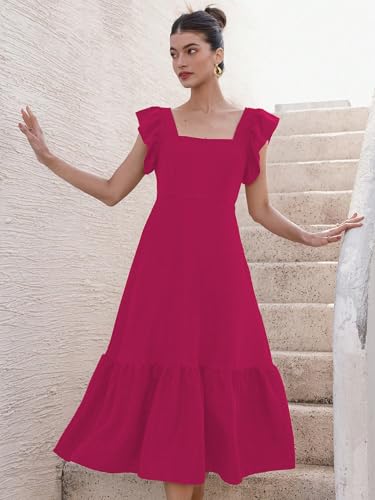 Image of Sugathari Girl's & Women's Solid Color Square Neck, Ruffle-Trimmed Hem Sleeveless, Ruffle Armhole and Casual Dress with Cinched Waist Vacation Outfits Woman (Dress 176)