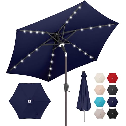 Image of 10ft Solar Patio Umbrella - Outdoor Umbrella with Centre Surround Light 24 LED Lights, Market Table Umbrella with Tilt for Pool, Porch, Garden, Deck, Backyard UV Protection (Navy Blue)