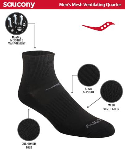 Image of Saucony Men's Rundry Mesh Ventilating Comfort Fit Performance Quarter Socks (6, 12 Pairs)