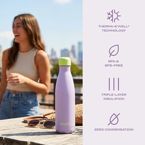 Image of S'well Stainless Steel Water Bottle, 17oz, Lilac Matcha, Triple Layered Vacuum Insulated Container Keeps Drinks Cold for 36 Hours and Hot for 18, BPA Free, Perfect for On the Go