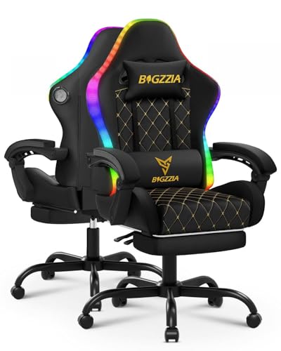 Racingreat RGB LED Gaming Stuhl mit Bluetooth-Lautsprecher, Ergonomischer Gaming-Stuhl mit Fußstütze Kopfstütze Lendenwirbelstütze, 90°–135° Neigungswinkel, PC-Stuhl Jugendliche Erwachsene (Schwarz)