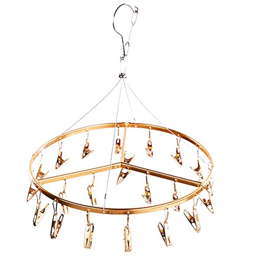 PURE-O 高級 ピンチハンガー 下着用ハンガー ブラジャーハンガー 物干し 防風フック アルミ合金 22ピンチ さび止め 速乾 円形(ゴールド)