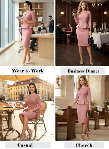 Image of VFSHOW Womens Work Business Office Front Zipper Peplum Church Sheath Dress | 3 /4 Sleeves, Elegant, Spring Fall, Church, Funeral, Slimming Fitted Bodycon Dress
