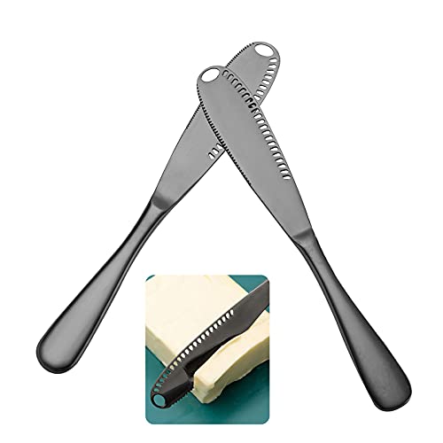 Mlesi Butter Knife Stainless Steel Butter Spreader Knife,Multifunctional Butter Knife for Cold Butter,3 in 1 Kitchen Gadgets, Butter Grater, Butter Spreader and Grater with Serrated Edge (2-Pack Black)