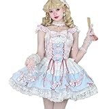 [ＸＨＳＵＫＡＤＯ] ロリータ JSK ワンピース セットアップ カチューシャ バックリボン レディース レース レースアップ チュール 花嫁風 刺繍 洋服 フリル 宮殿風 森ガール Lolita ドレス アイドル 衣装 dress 女装 春 夏 秋 冬 ピンク 水色 ブルー M [並行輸入品]