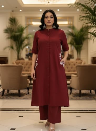 Image of MITZO Cotton Straight Kurta with Palazzo | Co-Ord Set for Women | Stylish Kurta Set for Women | Party & Casual Wear Kurti Set