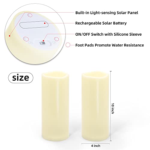 Nomfix Ivory Large Outdoor Solar Powered Candles Waterproof, 4”X10” Solar Led Candles With Dusk To Dawn Timer, Solar Pathway Lights For Backyard Porch Balcony Party Decor-2Pack #TOP4