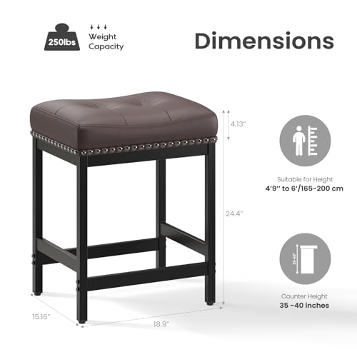 Image of MALOL Saddle Bar Stools Set of 2, 24 Inch Counter Height Backless Barstools - PU Leather Cushioned Seat, Metal Base & Footrest, Kitchen Island Breakfast Bar Chairs, Modern Brown