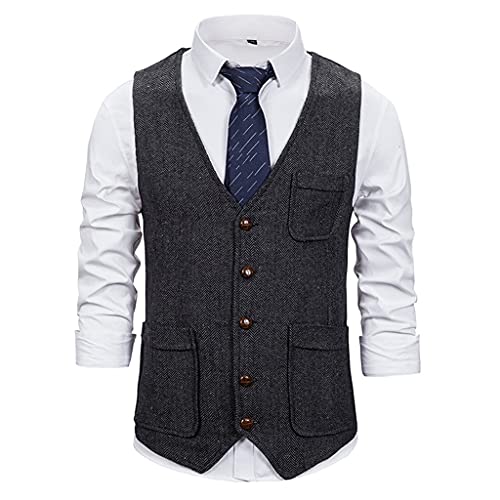 Men's 5 Button Formal Herringbone Tweed Dress Vest Slim Fit V Neck Sleeveless Waistcoat Vintage