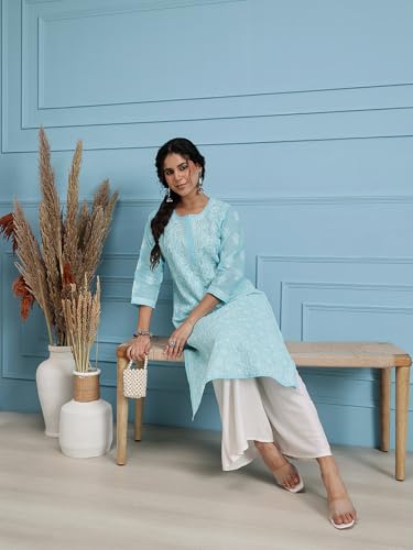 Image of Ada Women's Cotton Straight Fit Straight Hand Embroidered Lucknowi Chikankari Kurta Kurti A411165