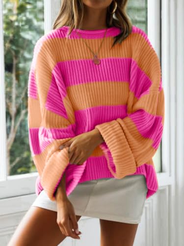 Image of Simier Fariry Womens Fall Oversized Pullover Sweater Long Sleeve Comfy Knitwear Retro Stripe Casual Outfit