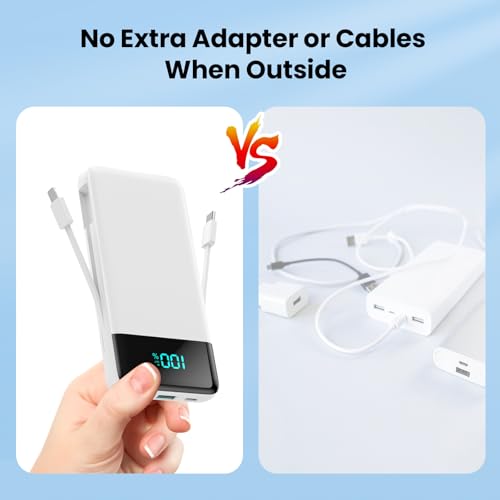 Image of Portable Charger Power Bank for iPhone with Built-in Cables and AC Wall Plug, 13800mAh Ultra Slim Travel Essentials,USB C Fast Charging External Battery Pack for iPhone 17 /16 /13,Galaxy,Android-White