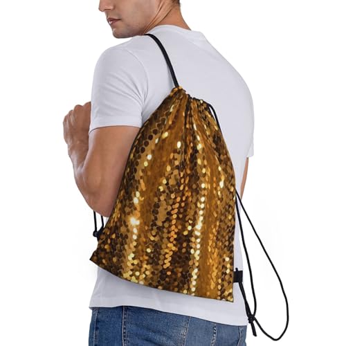OUSIKA Gold Sequin Sparkle Drawstring Backpack Draw String Bag Waterproof Sports Bag Gym Cinch Bags for Women Men, Black, M2