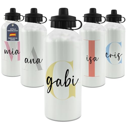 Botella Personalizada Nombre Letra ALUMINIO. Botellas de Agua Personalizadas. Botella Agua Niños. Regalo Personalizado Niño. Regalo día de la madre. Cantimplora Personalizada 600ml ALUMINIO Infantil