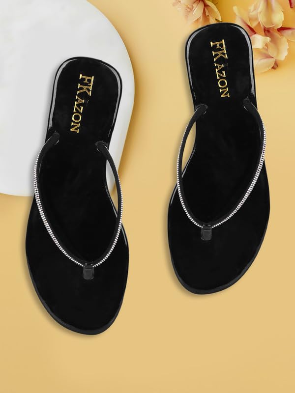 Image of Women's Stylish Flat Sandals - Elegant Flip-Flops with Sparkling Strap|FK 804 BLACK
