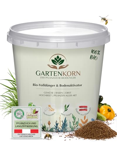 Gartenkorn Bio Bodenaktivator & Rasendünger [5kg/ 33-50 m²] Bodenaktivator für Pflanzen & Gemüse, Bodenverbesserer Garten, Organischer Rasendünger Herbst, Streuwagen geeignet (Eimer)