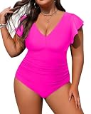 Yonique Plus Size Swimsuits for Women One Piece Tummy Control Bathing Suits Ruffle Swimwear Hot Pink 18W