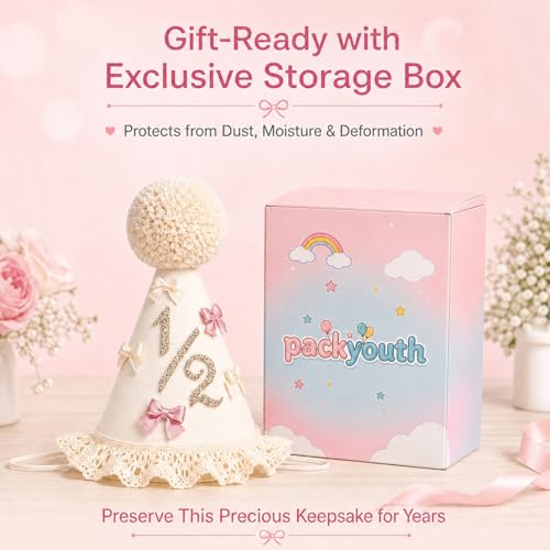 Packyouth Bow 6 Month Birthday Hat for Girls – Boho Half Birthday Crown with Satin Bows, Lace Trim & Glitter 1/2" | Cake Smash Photo Prop | Stretchy Elastic Strap(COLOR-3, 1/2) — view 4