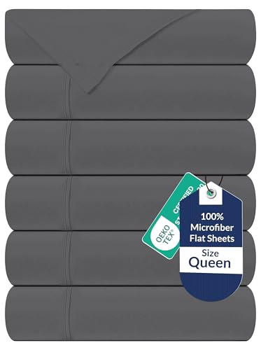 Royale Linens 6 Pack Bulk Flat Sheet Set - Top Sheets - Soft 1800 Microfiber - Wrinkle & Stain Resistant - for Hotel, Massage Table, Hospital, Dorm - Queen Flat Sheet Sold Separately (Queen, Grey)