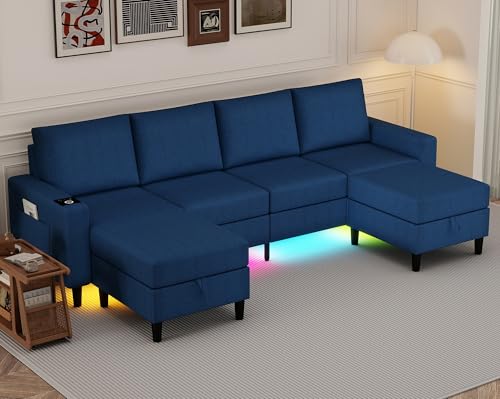 HYZQ U Shaped Sectional Couches for Living Room, 109" Linen Cloud Couch with Chaise Lounge/Storage Ottoman, 4 Seat Sectional Sofa with Smart Module-Wireless Charging/USB/Type-C/RGB Lights (Blue)