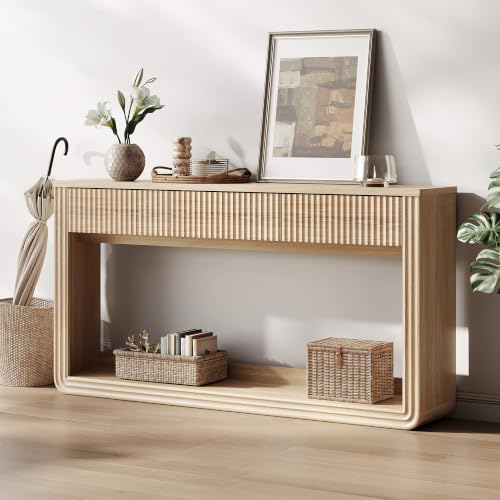 LINSY HOME Console Table with 3 Drawers, Fluted Entryway Storage, Light Oak by LINSY HOME - Used condition - Image 3