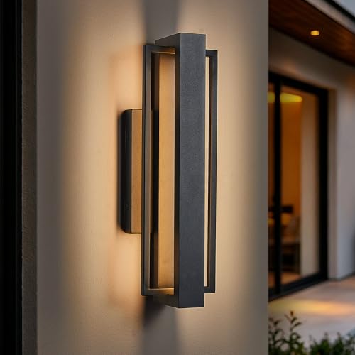 Image of Tarentlight Double Square Frame Outdoor LED Wall Light, 15 Inch Textured Black Wall Sconce, Sleek Modern Light Fixture, Integrated LED 3000K 16W, Outside Lights for Patio, Porch, Front Door or Garage