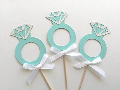 Diamond Ring Cupcake Topper in Robin Egg Blue and Silver Glitter. Handmade Party Decorations. 10CT