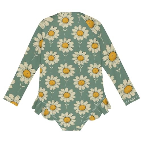 Girls One Piece Swimsuits Long Sleeve Swimsuit Zipper Bathing Suits Daisy Green Yellow Flower2