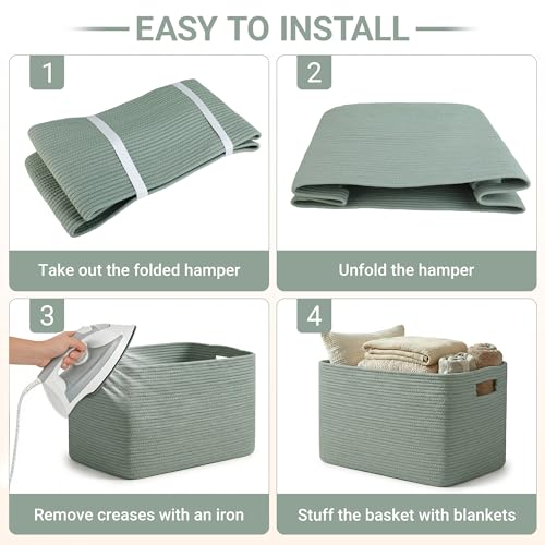 HOBASKET 75L Green Cotton Rope Storage Basket, Large Rectangle Laundry Hamper with Handles, 22”x17”x12” Woven Blanket and Toy Basket for Living Room, Bedroom and Nursery by HOBASKET - Used condition - Image 7