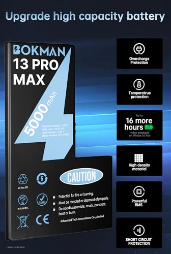 bokman Akku für 13 Pro Max, Hohe Kapazität 5000 mAh Lithium-Polymer-Akku mit Allen Werkzeugsets