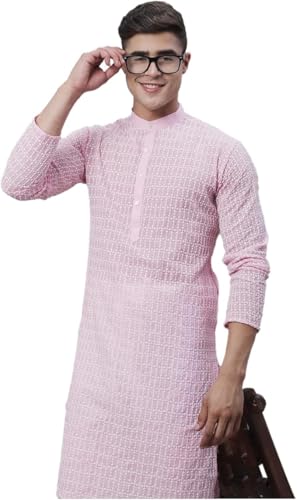 Men's Pure 100% Cotton Kurta Pyjama Set with White Embroidery3