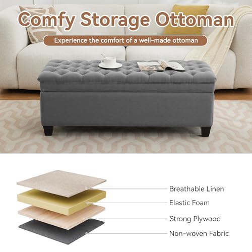 Image of WUTUTUEE 50 inch Fabric Storage Ottoman Bench, Upholstered Rectangle End of Bed Storage Ottoman Tufted Living Room Bedroom Bench with Safety Hinge, Solid Wood Legs, Loads 500 lb(Dark Grey)