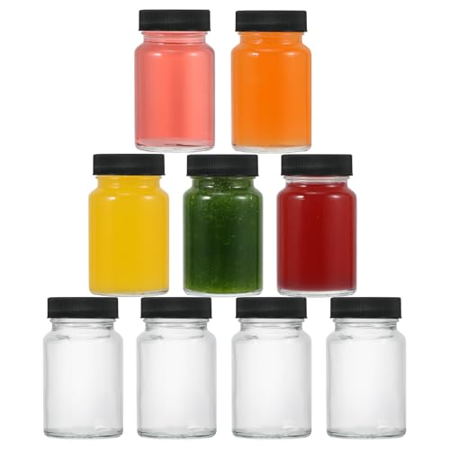 Glass Shot Bottles 60ml 9pcs 2oz Glass Juice Bottles with Lids Reusable Small Clear Glass Ginger Bottles with Lids Wide Mouth Leakproof Mini Glass Bottles for Drinking Dishwasher and Fridge Safe