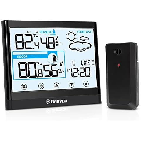 Geevon Weather Station Wireless Indoor Outdoor Thermometer, Digital Temperature and Humidity Gauge Monitor Room Thermometer Hygrometer with Backlight, LCD Touch Display, Alarm Clock for Home Office Cover