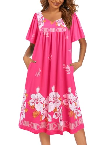 Image of Ekouaer Women's House Dress - Pleated Nightgown with Short Sleeves & Pockets