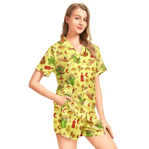 Image of Funny Pajamas for Women Set Print Satin Loungewear Pjs Short Sleeve Button Down Top and Shorts Sets Sleepwear XS-3XL