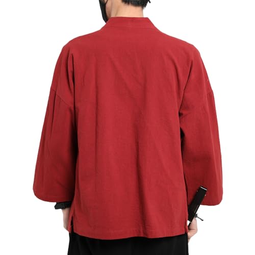 Image of Men's Japanese Kimono Cardigan Loose Cotton Linen 3 /4 Sleeve Open Front Casual Summer Shirt Jackets