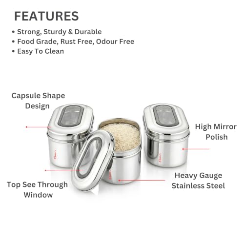 Image of Ebun Stainless Steel Top See Through Containers | Stainless Steel Container with Lid | Capsule Shape Steel Kitchen Containers Set | Steel Airtight Container | 500 Gms Capacity Approx | Pack of 3