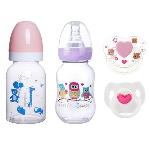 JIZHI 4 Pcs Baby Doll Bottles Set with Magnetic Pacifiers, Baby Doll Accessories for Reborn Baby Doll, Pretend Play Feeding Toy Kids Gift (Pink/Purple)